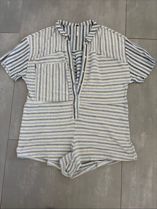 Free People Pants - Free People Blue and White Striped Short-Sleeve Romper